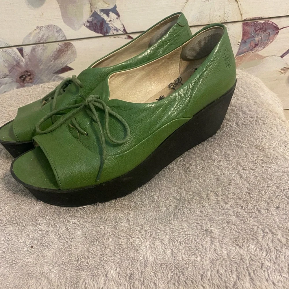 Fly London Green Wedge Shoes - Picture 2 of 5